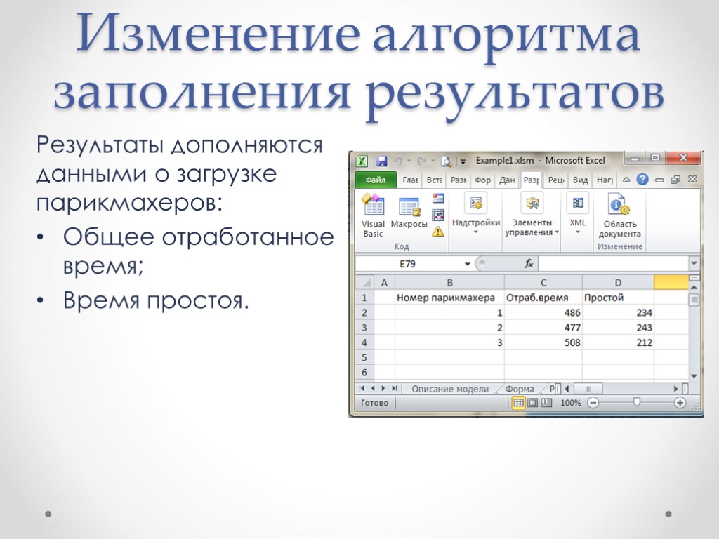 Изменение алгоритма заполнения результатов Результаты дополняются данными о загрузке парикмахеров: Общее отработанное время; Время